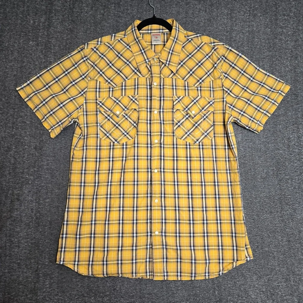 True Religion Pearl Snap Shirt Rocky Western XXL Short Sleeve Yellow Plaid